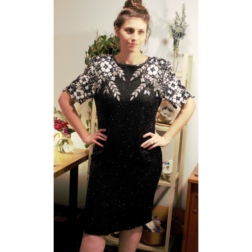 Vintage Embellished Black Silk Dress open Sz 14
